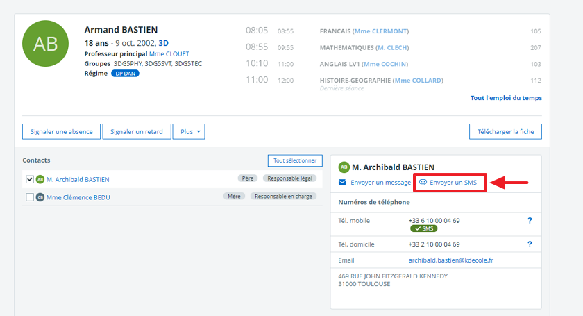 Action SMS fiche élève