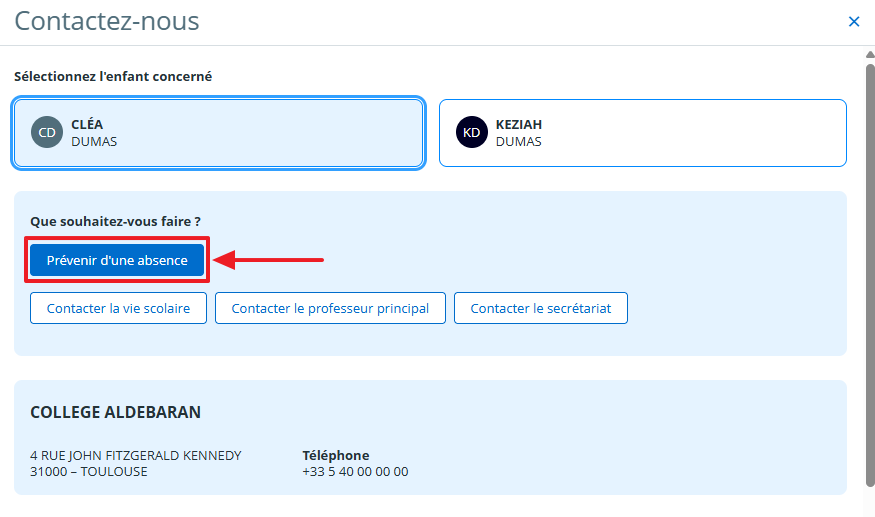 Contactez-nous - prévenir d'une absence
